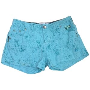 Roar Y2K Low-Rise Shorts 29 Distressed Sparkles Sequins Turquoise 3" Inseam
